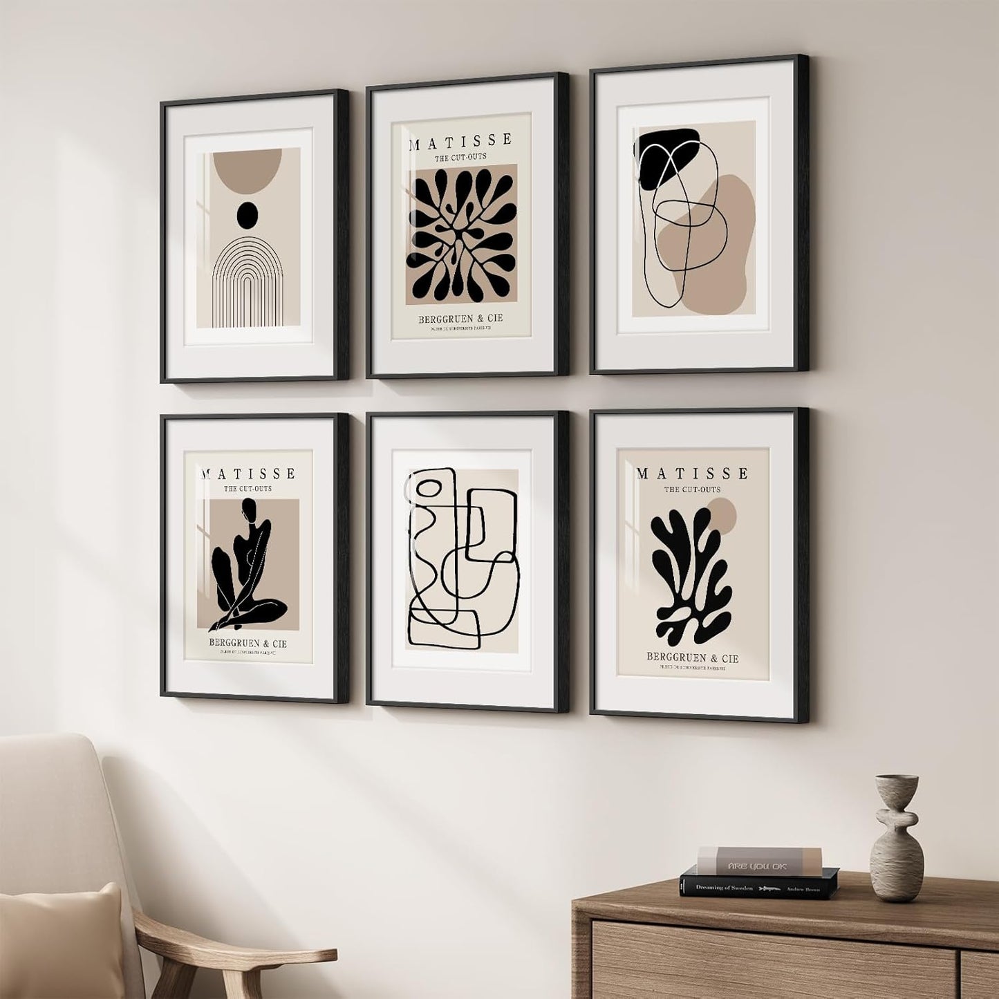 Framed Boho Black and White Brown Modern Abstract Wall Art for Living Room, Set of 6 Bohemian Wall Hanging Artwork, Minimalist Sun Geometric Pictures for Bedroom Office Bathroom Wall Decor 11x14 Inch
