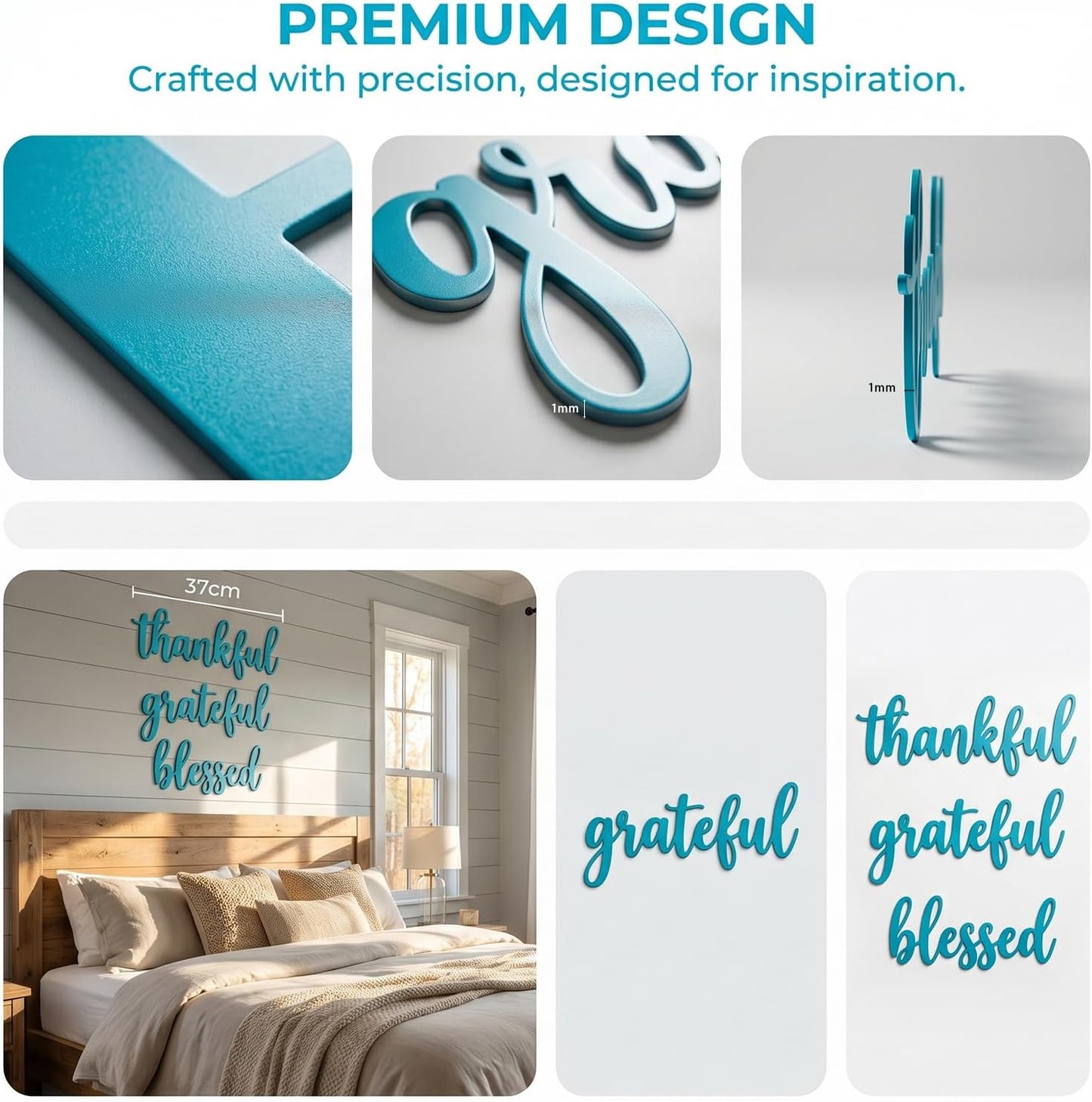 Thankful Grateful Blessed Letter Sign Metal Wall Decor, 3 Piece Black Letters Wall Art for Bathroom Bedroom Metal Words Wall Decor for Home Decor