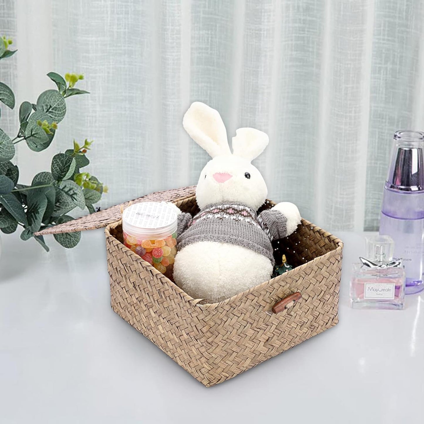 Hipiwe Seagrass Basket with Lid Wicker Storage Basket Square Handwoven Decorative Baskets Box for Shelf Multipurpose Household Baskets Home Decor,X-small
