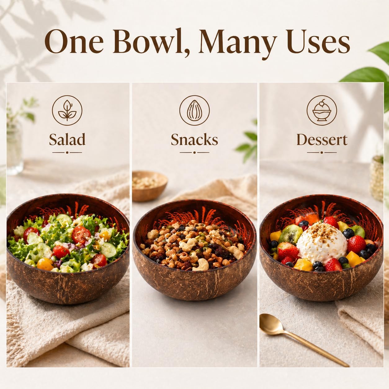 ChezMax Natural Coconut Bowl with Mother of Pearl Inlays - Key Bowl & Fruit Snack Holder (Blue-Gold)