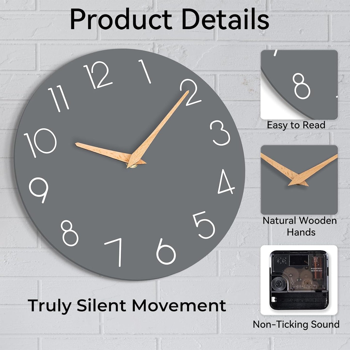 cicininc Wall Clock, Gray Silent Non-Ticking, Decorative Battery Operated Wall Clocks for Bedroom, Kitchen, Home, Office, School, Hotel (8 Inch)
