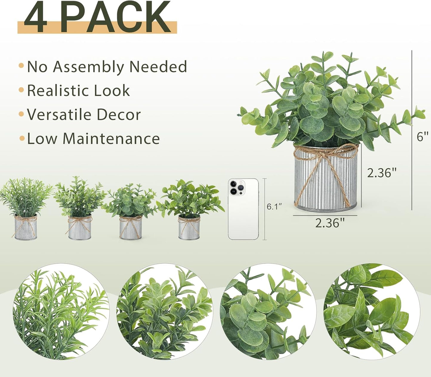 Mkono 4 Packs Small Fake Plants in Farmhouse Galvanized Pots Table Centerpiece Mini Potted Artificial Plants Faux Eucalyptus for Shelf Office Rustic Home Decor (White, Mini-6" H)