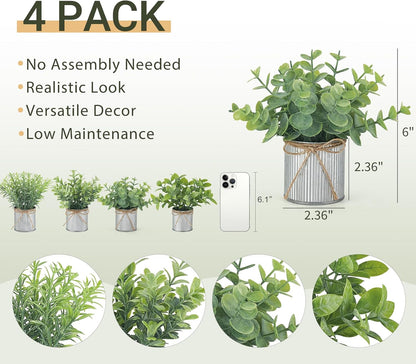 Mkono 4 Packs Small Fake Plants in Farmhouse Galvanized Pots Table Centerpiece Mini Potted Artificial Plants Faux Eucalyptus for Shelf Office Rustic Home Decor (White, Mini-6" H)
