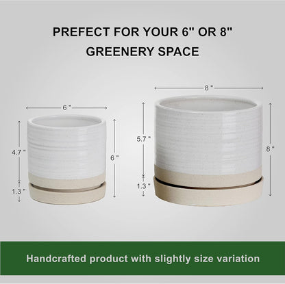 HERDUK 6 Inch Plant Pots, Ceramic Planter Pot with Drainage Hole & Saucer, Indoor/Outdoor Cylinder Round Planter Pot, Green & Beige