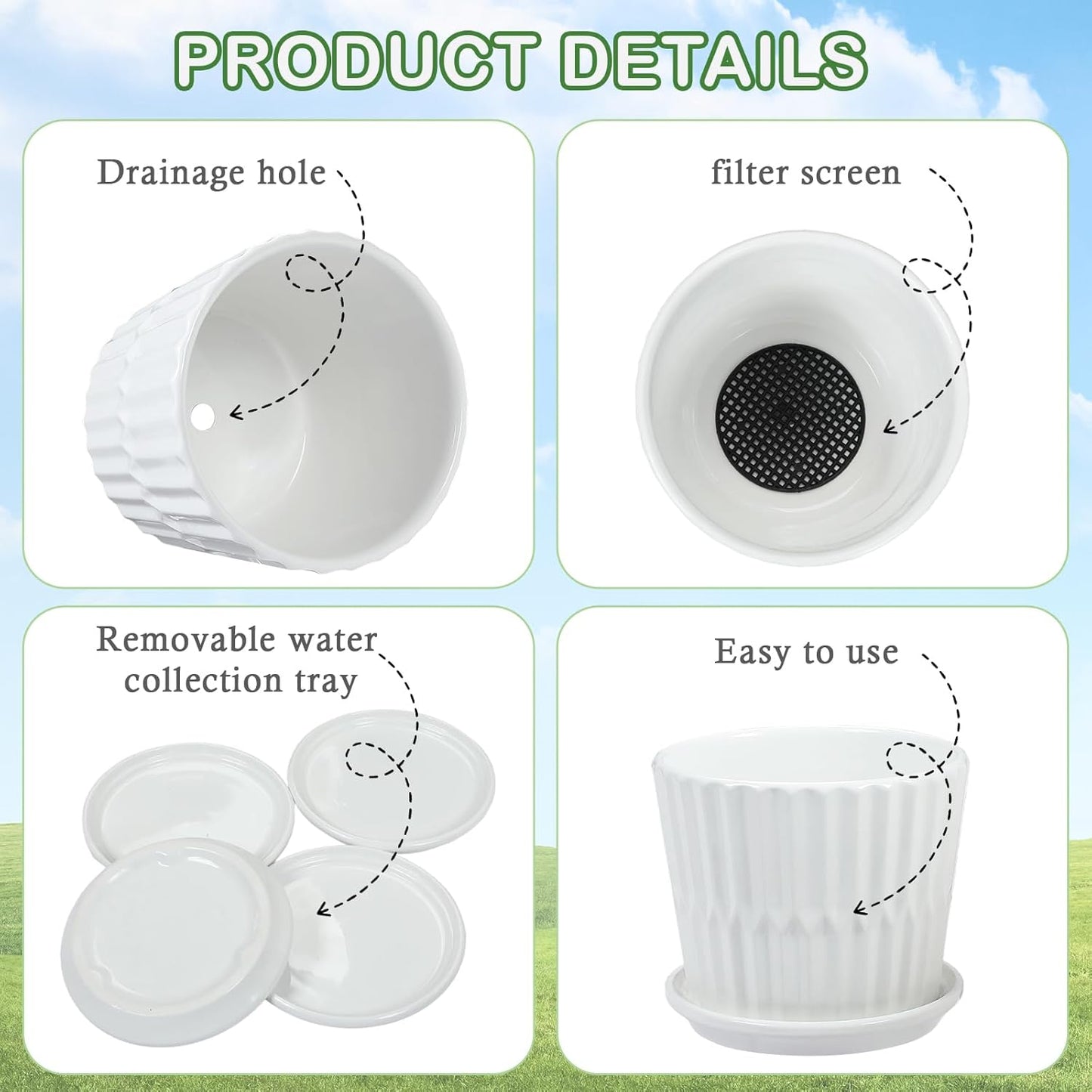sietpoek Plant Pots - 5.5 Inch Cylinder Ceramic Planters with Connected Saucer, Pots for Succuelnt and Little Snake Plants, Set of 4, White