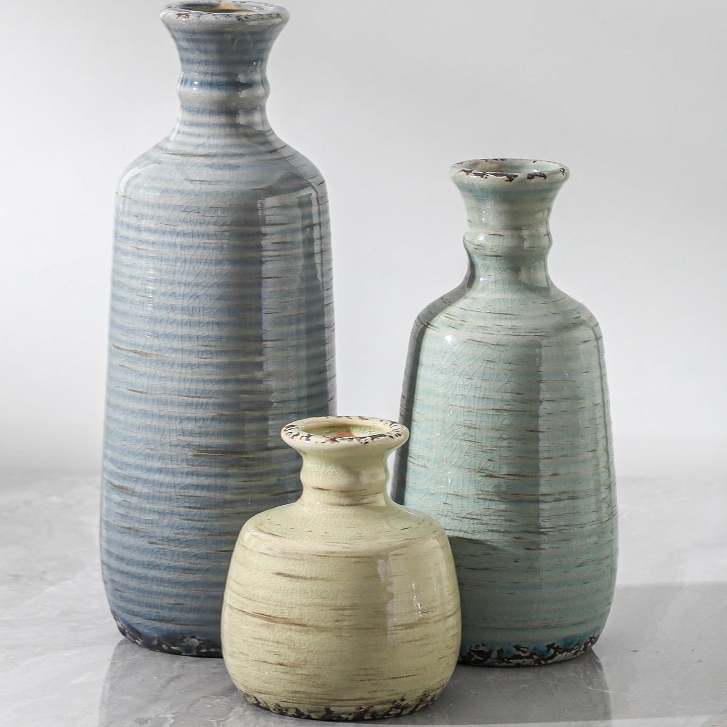Ceramic Vase Set of 3 | Neutral Vase Home Decor with Handle | Pottery Modern Farmhouse Vases Pampas Grass Flower Vases for Home Decor Table Living Room Centerpieces Mantel Decor - Multicolor