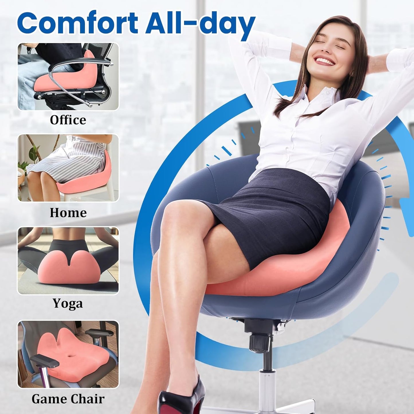 CushZone Seat Cushion, Ergonomic Memory Foam Seat Cushions for Office Chairs, Car, Long Trip, Desk Chair, Lab, Extra Large Size for Sciatica & Hip & Tailbone Pain Relief, Sciatica Support (Black)