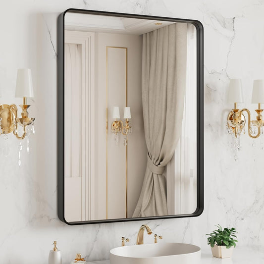 LOAAO Black Metal Framed Bathroom Mirror for Wall, 22X30 Inch Rounded Rectangle Mirror, Matte Black Bathroom Vanity Mirror Farmhouse, Anti-Rust, Hangs Horizontally or Vertically - Colors A