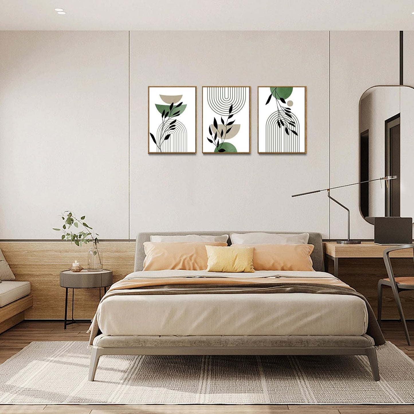 Bwodke Boho Wall Art, Framed Abstract Wall Art, Green Botanical Neutral Canvas Wall Decor, Large Mid Century Plant Pictures Set of 3, Modern Minimalist Paintings, for Bedroom Living Room Bathroom