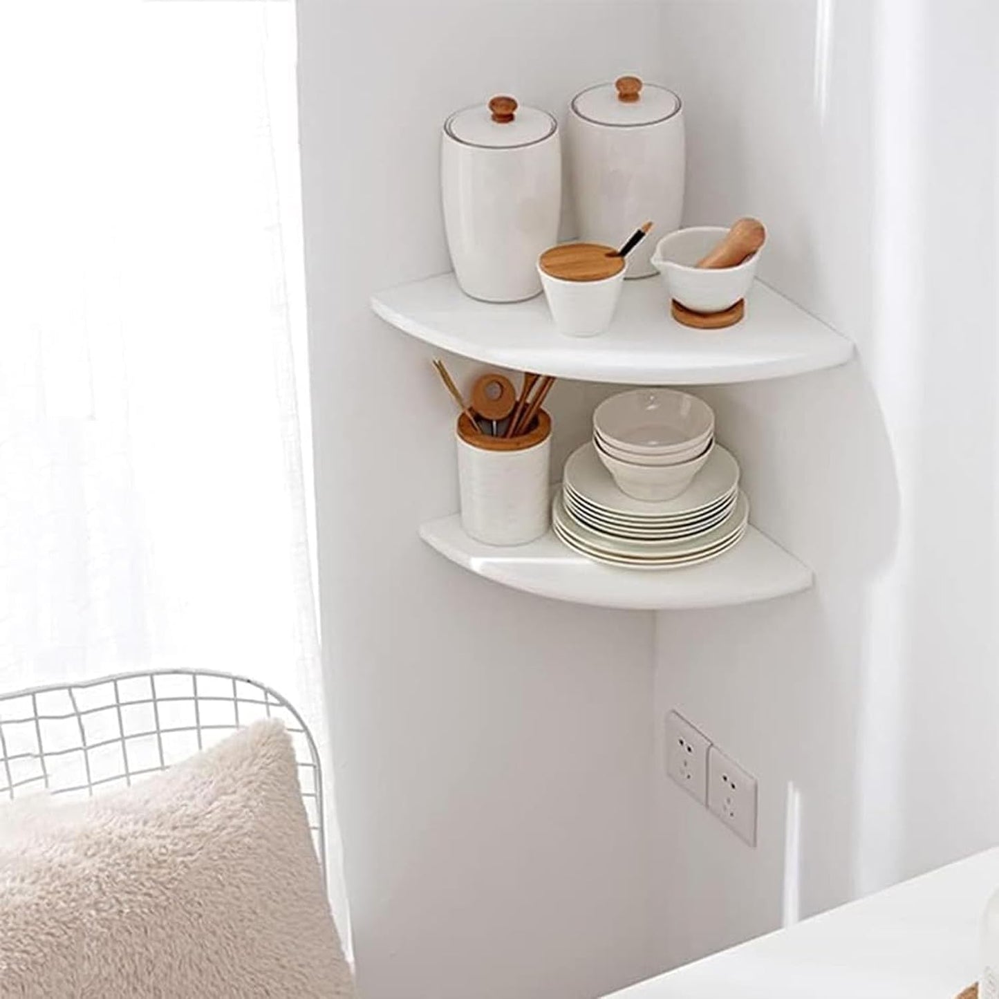 Corner Shelves, Floating Corner Shelf, Set of 2 7inch Solid Oak Wood Wall Shelves, Round End Wall Mount with Wire Hole Shelving for Small Plant for Bedroom Kitchen, Living Room