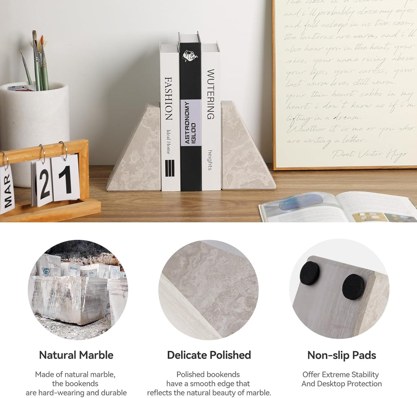 Karibiber Travertine Bookends for Heavy Books, Marble Decorative Bookends for Shelves, Heavy-Duty Stone Book Ends for Hardback Book & Cookbooks, Unique Book Stopper & Holder, Travertino Italy