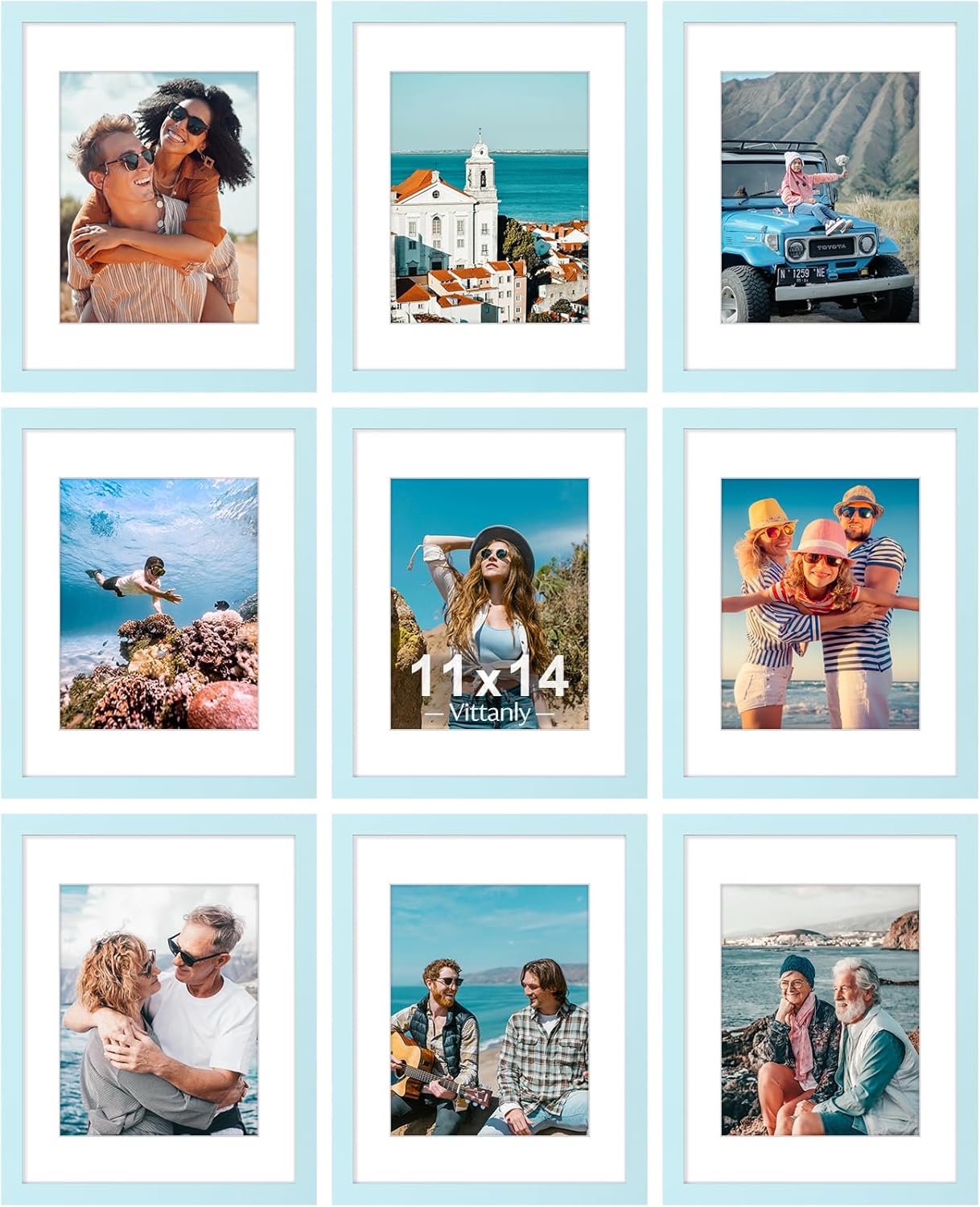 Vittanly 8x10 Picture Frames Set of 9, Shatter Resistant Plexiglass, Display 5x7 Pictures with Mat or 8x10 without Mat, Photo Frames for Wall or Tabletop, Engineered Wood, Black - Colors B