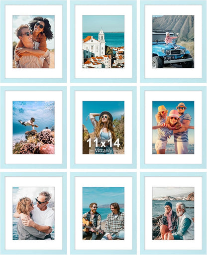 Vittanly 8x10 Picture Frames Set of 9, Shatter Resistant Plexiglass, Display 5x7 Pictures with Mat or 8x10 without Mat, Photo Frames for Wall or Tabletop, Engineered Wood, Black - Colors B