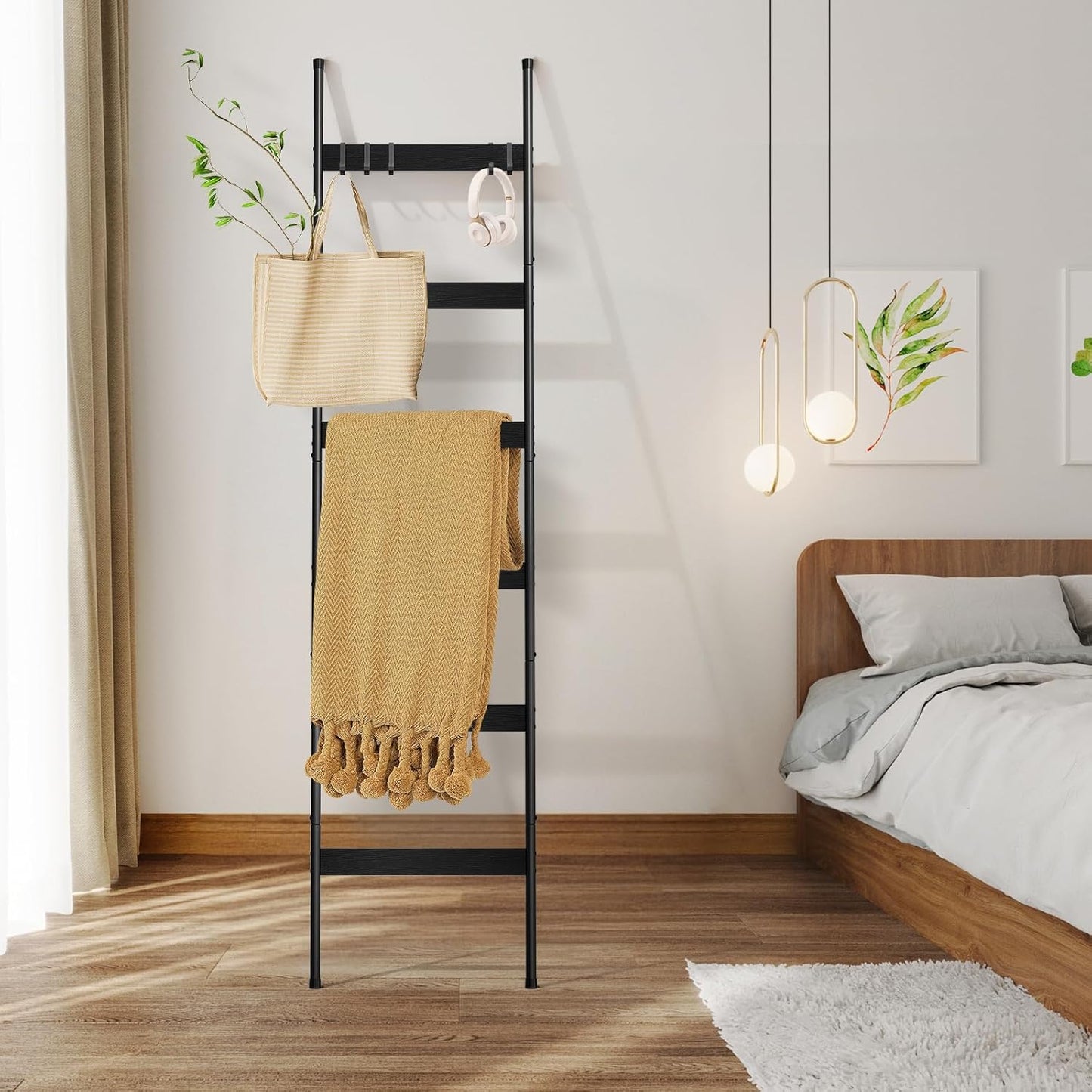 ELYKEN Blanket Ladder for Living Room, Farmhouse 5-Tier Quilt Holder with 4 Removable Hooks for Bathroom, Wood Towel Rack Display, Wall Anchor Leaning Decorative Stand for Home, Rustic Brown