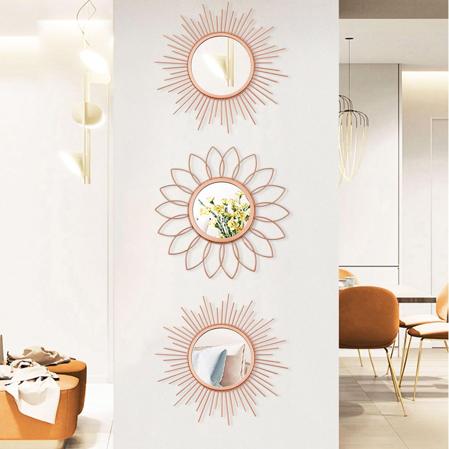 3 Pack Metal Mirrors for Wall Sunburst Wall Mirrors Home Décor Decorative Hanging Wall Art for Living Room Bedroom Entryway (Gold, Flower+Sunburst)