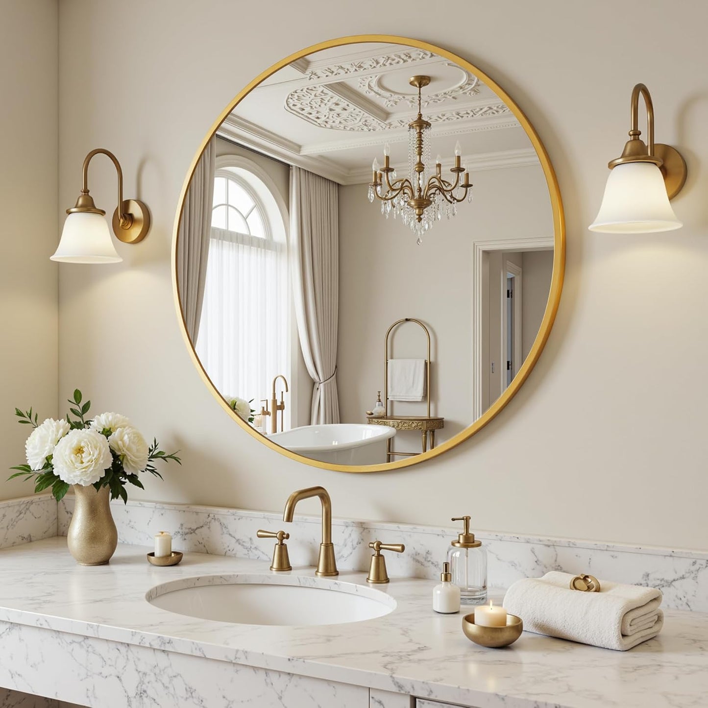 Antok 30 Inch Round Mirror for Wall, Round Bathroom Mirror, Circle Wall Mirrors with Black Metal Frame, Circle Mirrors Suitable for Wall, Bathroom, Vanity, Living Room, Entryway
