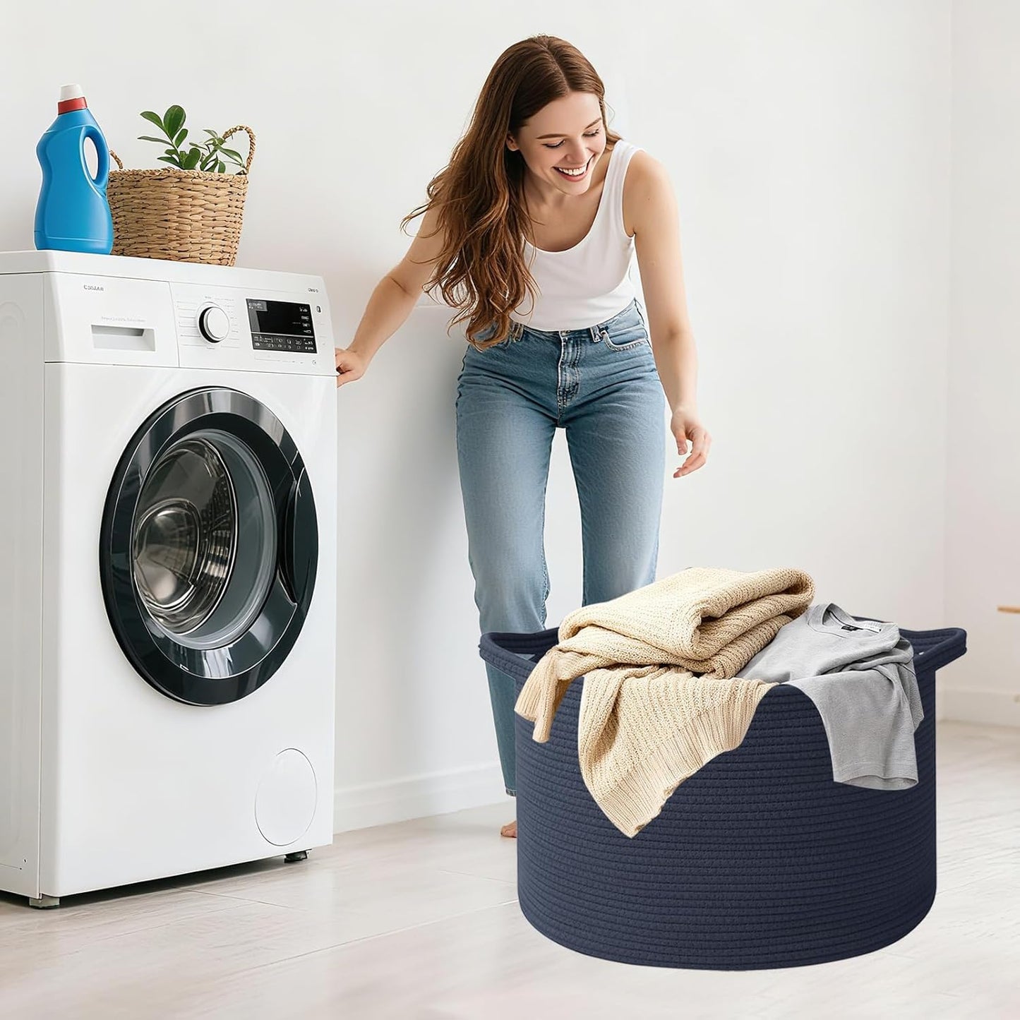 Large Woven Blanket Basket,65L Cotton Rope Laundry Basket Hamper with Handles, Decorative Nursery Basket Storage Bin for Toys, Clothes Organizer, Living Room, Bedroom, Bathroom, White & Brown