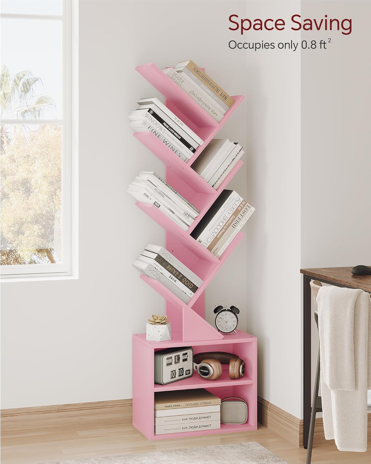 SUNMORY 6 Tier Tree Bookshelf, Small Bookcase with Storage Cabinet, Modern Tall Narrow Bookshelves Organizer, Floor Standing Book Shelf for Bedroom/Living Room/Home Office/Corner, Rustic Brown