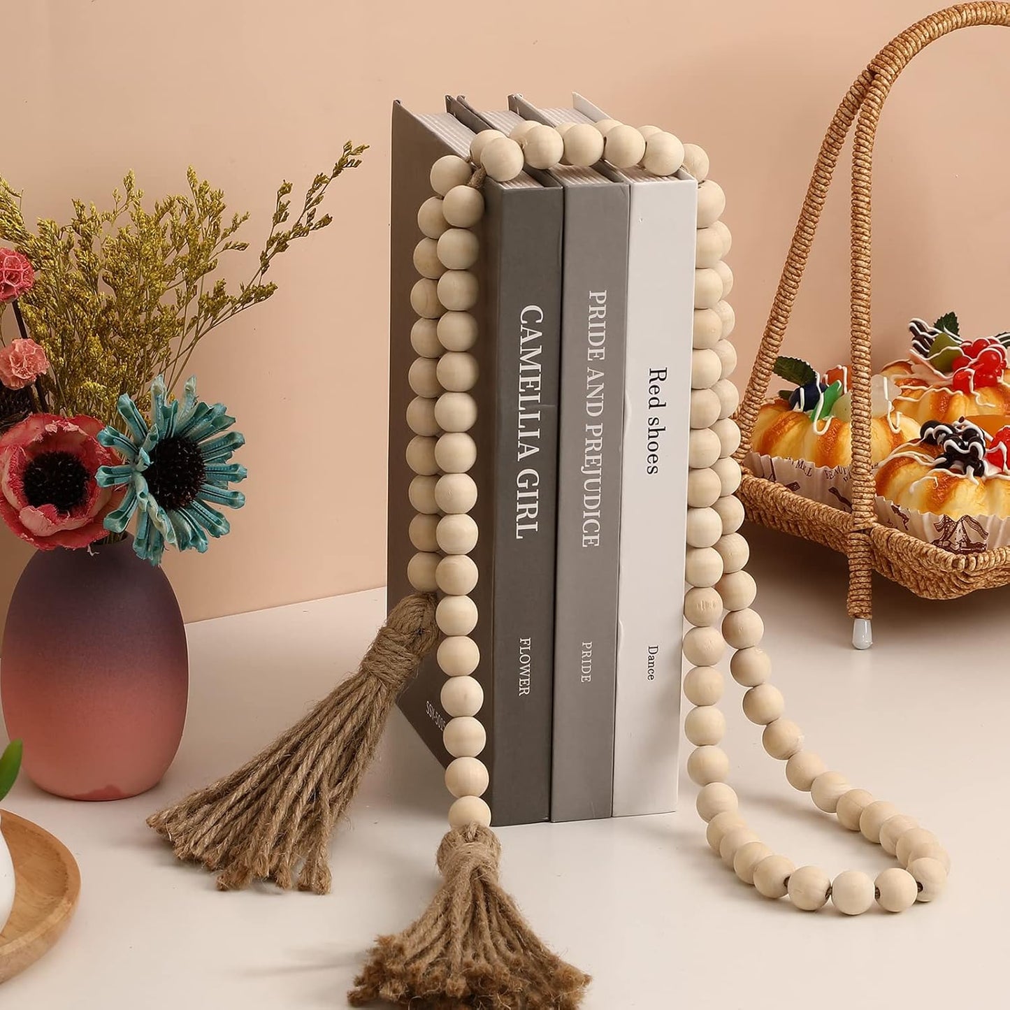 IMIKEYA Wooden Beads Garland: Farmhouse Wood Bead Garland with Tassels Boho Wall Hanging for Home Decor Tiered Tray Rustic Wood Prayer for Coffee Table Decor