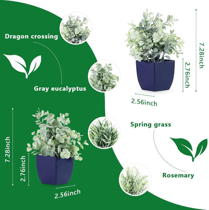 4pcs Fake Small Plants, Artificial Greenery Potted Plant for Home Office Decor, Small Faux Gray Grass Eucalyptus for Bathroom Plants Decoration, Mini Plant Potted Table Shelf Decoration
