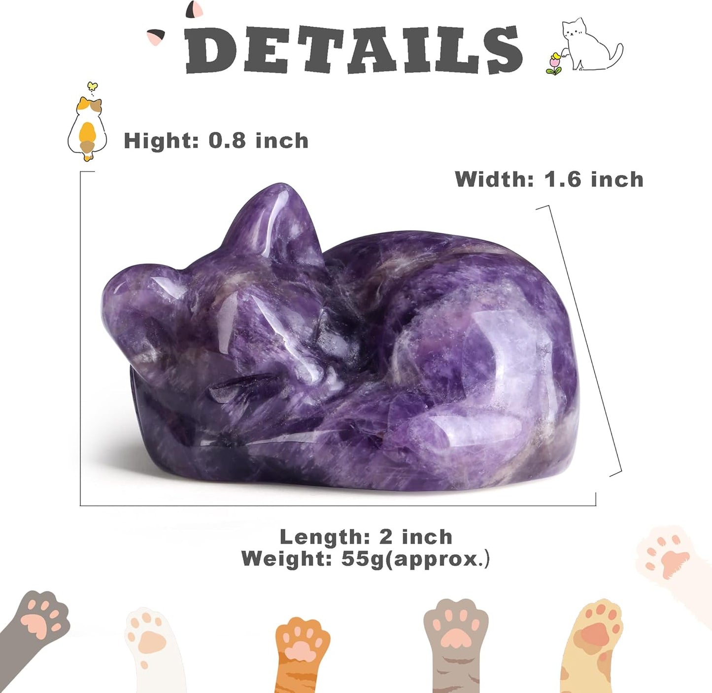 YATOJUZI 2" Cat Decors Statue Opal Moonstones Crystals Opalite Sleeping Cats Gemstone Hand-Carved Cute Animal Figurines Home Office Desk Decor Stocking Stuffers Cat Themed Ornaments Gifts for Women