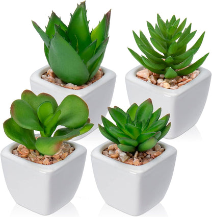 Briful Mini Fake Plants 4 Packs Succuletns Artificial Potted Plants in Cube Glass Vase Faux Succulents for Bathroom Living Room Kitchen Shelf Table Decor