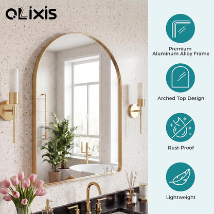 OLIXIS Arched Bathroom Mirror for Over Sink, 34x32 Inch Wall Mirror Arched Rounded Rectangle, Modern Wall Mount Vanity Mirror with Matte Metal Deep Framed, for Home Decor, Living Room, Black