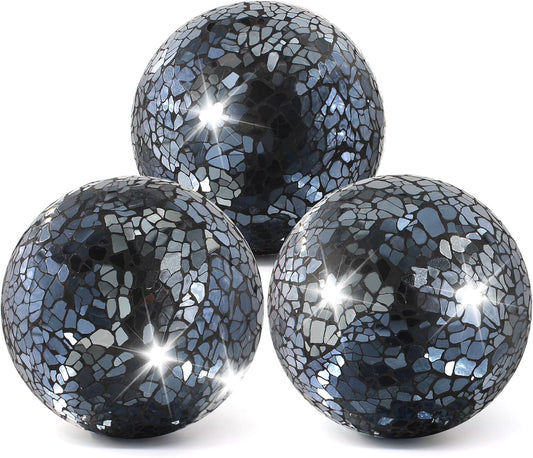 3Pcs Mosaic Glass Orbs Decorative Balls Set 8.5cm/3.35inch Blue Sphere Wedding Party Home Decor Table Centerpiece