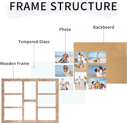 YESKAY 4x6 Picture Frame Collage for Wall Decor, Multiple Photo Collage Frames with Tempered Glass, 7-Opening for 4 x 6 Picture Frames, Rustic Brown, 1 Pack