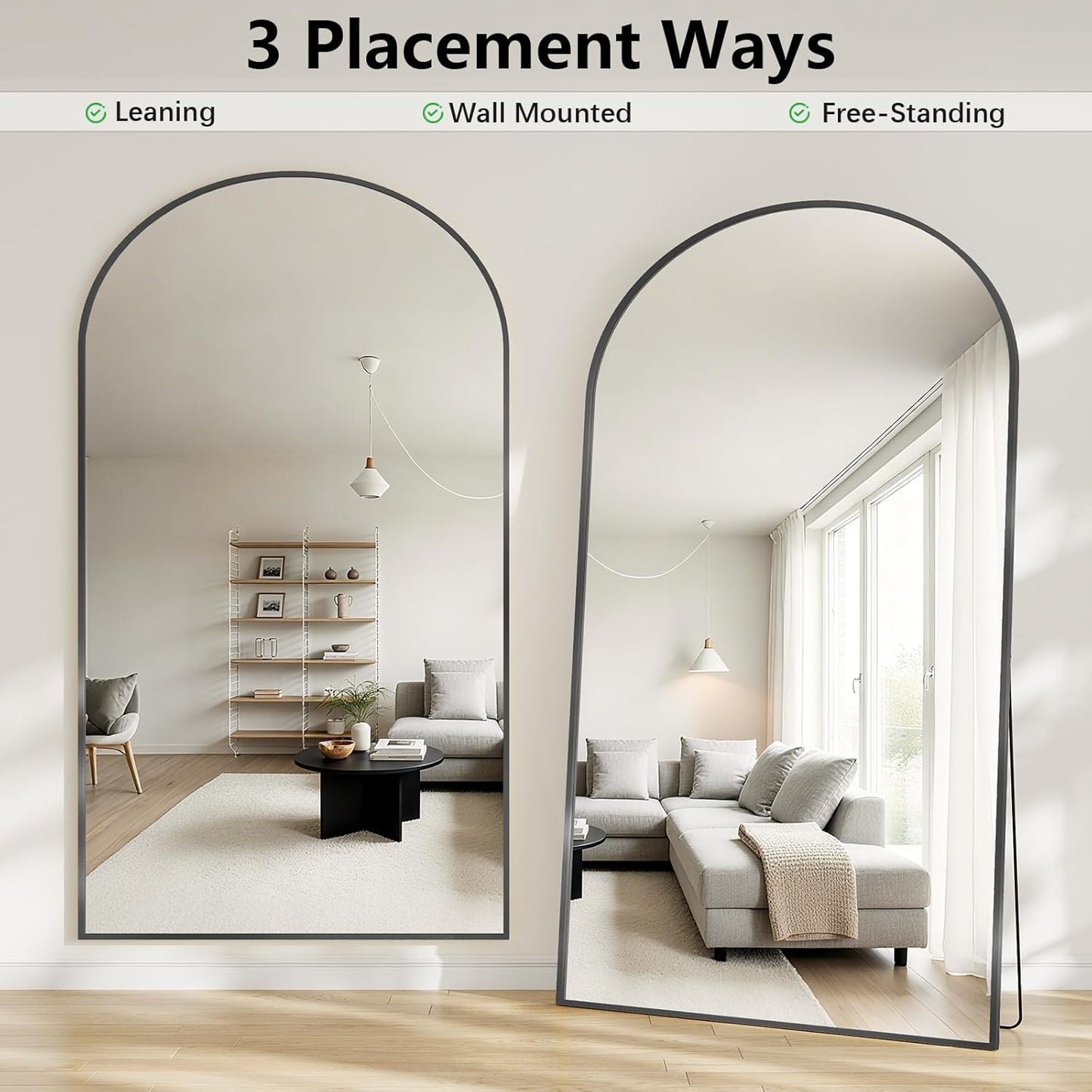 57" x 20" Arched Full Length Mirror - Wall Mounted/Floor Mirror Aluminum Alloy Frame Full Body Mirrors for Bathroom Living Room Bedroom and Entryway,Black