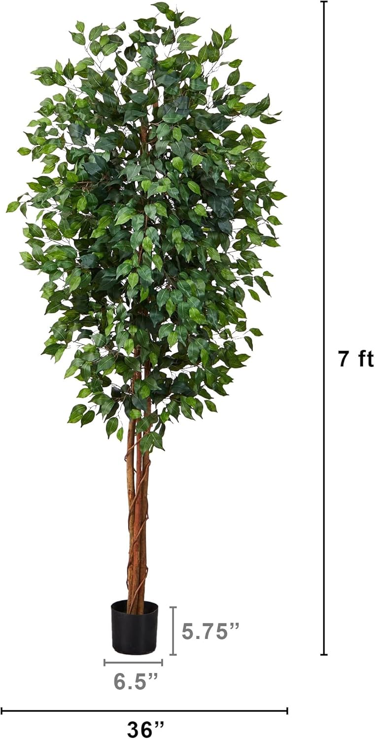 Nearly Natural 4ft Triple Trunk Ficus Silk Tree with Natural Wood Trunks and Dense Foliage, Mid-Size Faux Floor Plant for Home and Office