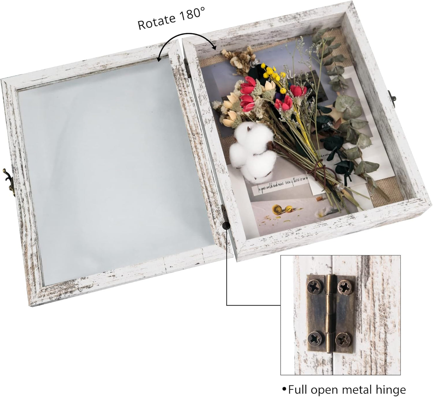 GraduationMall 13x16 Wood Shadow Box Frame Glass Door Display Case with Linen Back and 6 Stick Pins,1.5 inches Interior Depth,Ideal for Memorabilia Pictures Flowers Medals Tickets Rustic White