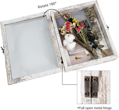 GraduationMall 13x16 Wood Shadow Box Frame Glass Door Display Case with Linen Back and 6 Stick Pins,1.5 inches Interior Depth,Ideal for Memorabilia Pictures Flowers Medals Tickets Rustic White