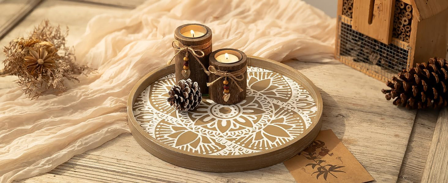 Hanobe Decorative Serving Tray Round: Farmhouse Coffee Table Decor Boho White Mandala Trays for Living Room Kitchen Bathroom Display