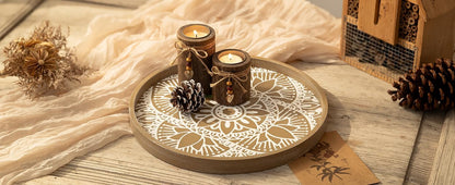 Hanobe Decorative Serving Tray Round: Farmhouse Coffee Table Decor Boho White Mandala Trays for Living Room Kitchen Bathroom Display