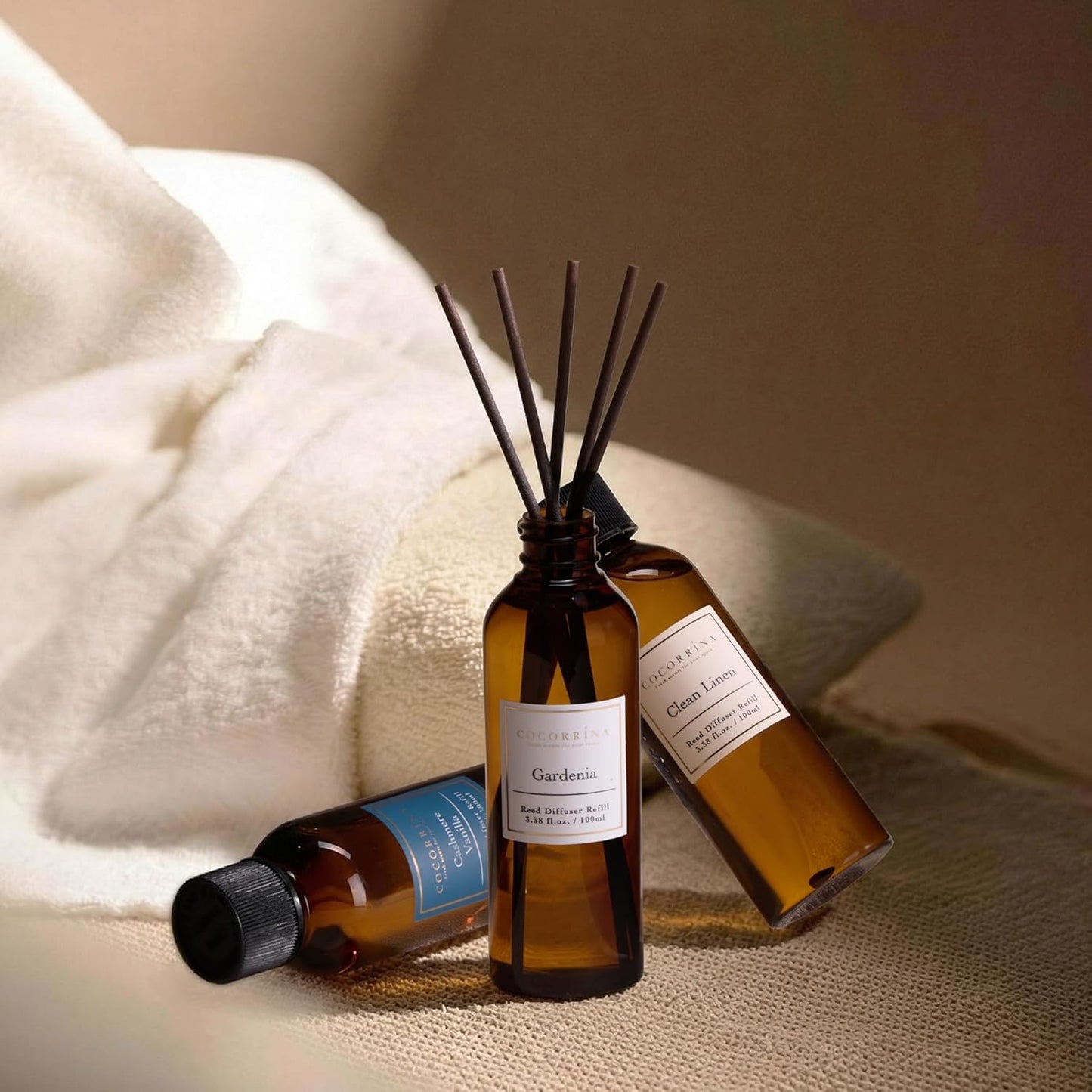 COCORRÍNA Reed Diffuser Set, 10.2oz Scented Oil Refill 3 Pack, Cashmere Vanilla, Ocean Mist, Lavender Garden, Long Lasting Oil Diffuser Refill with 18 Sticks for Bathroom & Bedroom