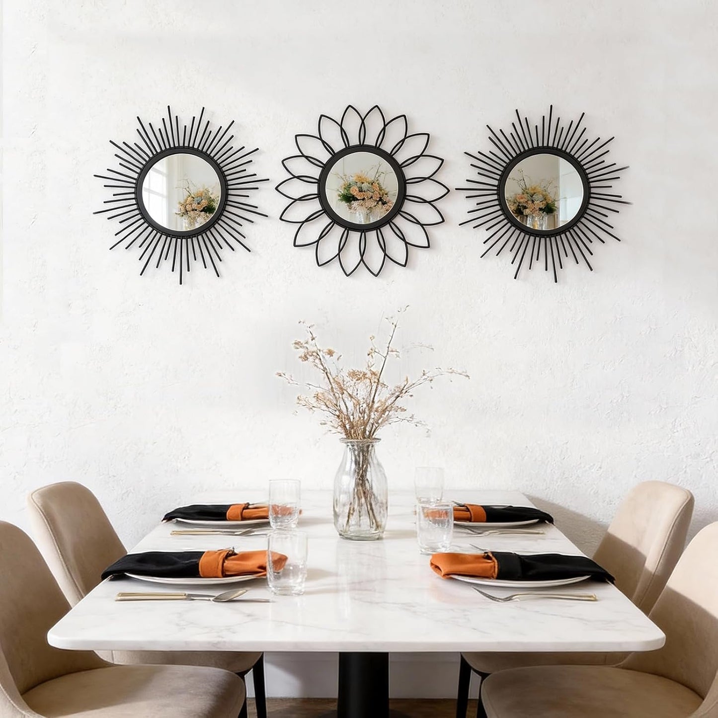 Boho Sunburst Wall Mirror Set of 3, 12 Inch Round Antique & Modern Metal Wall Art, Hanging Over The Door Mirrors for Wall Decor in Living Room, Bedroom, Bathroom, Entryway（Gold）