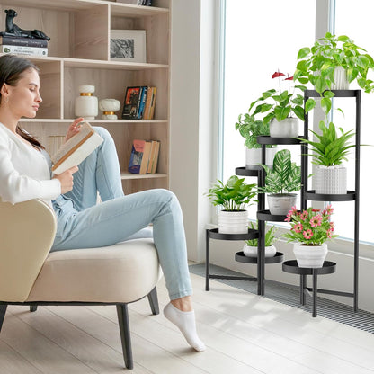 iDavosic.ly Plant Stand Indoor Outdoor, 5 Tier Corner Metal Flower Display Holder Shelf, Folding Tall Orchid Rack for Patio Balcony Porch Garden Living Room House, Black