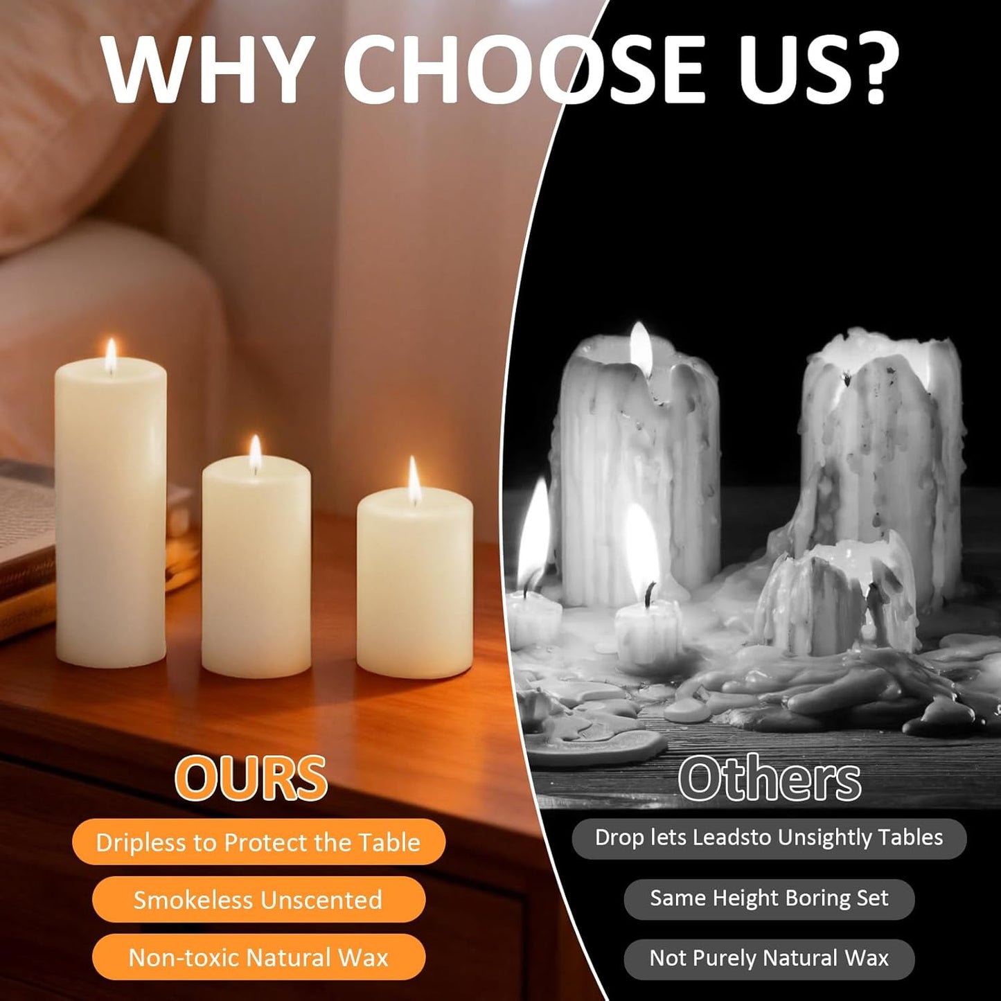 18 Pcs White Pillar Candles Bulk Set，Hurricane Candles，3 Different Lengths 2 x 3/4/6 Inch (6 Each)，Dripless Unscented Smokeless，Gives You a Better Atmosphere When Organizing an Event Party.