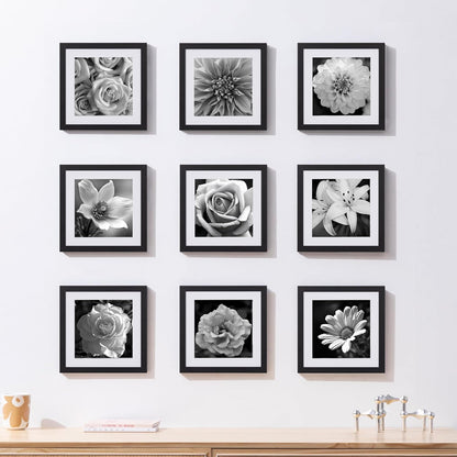 eletecpro 12x12 Picture Frames Set of 9 with Clear Acrylic Cover, Display 8x8 Photos with Mat or 12x12 Without, Classic and Sturdy Square Collage Gallery Wall Decor, Easy Wall Mount, Black