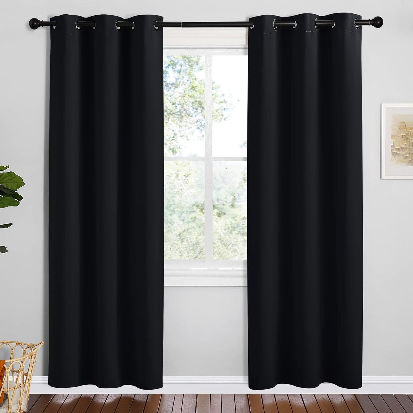 NICETOWN Halloween Pitch Black Solid Thermal Insulated Grommet Blackout Curtains/Drapes for Bedroom Window (2 Panels, 42 inches Wide by 63 inches Long, Black) - Colors E