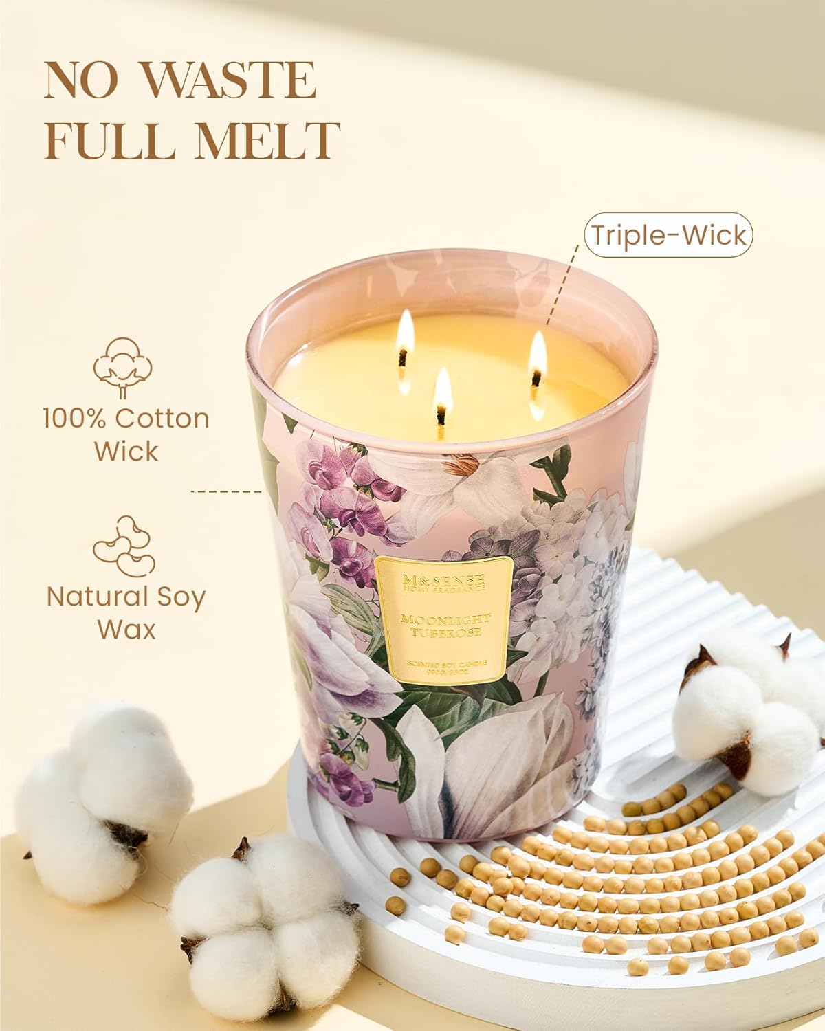 M&SENSE Jasmine Candles Highly Scented 3 Wick 35oz 150 Hours Burn Extra Large Jar Candles for Women, Natural Soy Wax Aromatherapy Candle for Stress Relief, Meditation, Yoga, Spa - Colors A