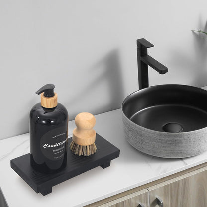 Wooden Pedestal Stand Black Bathroom Counter Organizer Tray Decor Farmhouse Wood Risers Small Hand Soap Dish Dispenser Holder for Kitchen Sink Modern Bathroom Vanity Accessories Decorative Tray
