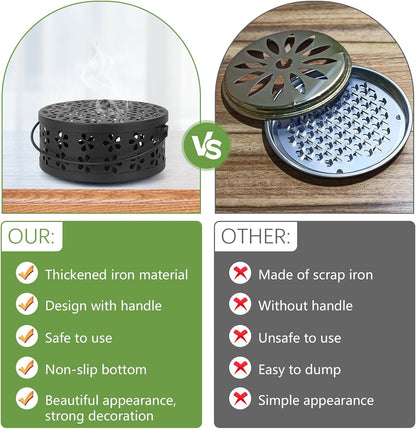 Portable Iron Mosquito Coil Holder with Handle Round Heat-Resistant Incense Holder (Bronze)