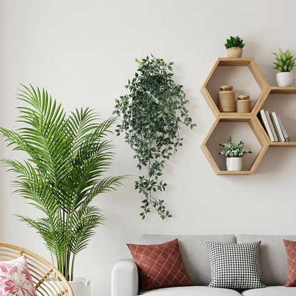 LOYWREE Fake Plants Indoor Artificial String of Pearls Plant in Black Pots, Realistic Green Faux Succulent Hanging Plants for Shelf Decor Desk Home Garden Decorations
