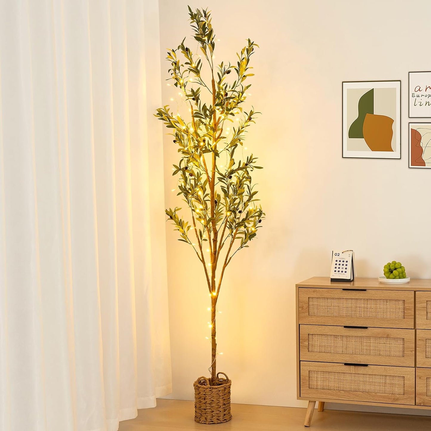 6ft Artificial Olive Tree with LED Fairy Lights, Tall Faux Potted Plant with Woven Basket - Natural Wooden Trunk & Lifelike Leaves & Fruits for Indoor Home Office Foyer Decor Housewarming Gift