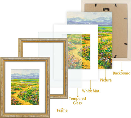 Golden State Art,11x14 Ornate Picture Frame for 8x10 Photo with Mat or 11 x 14 Prints without Mat,Real Glass Wall Display(Color:Green Gold)