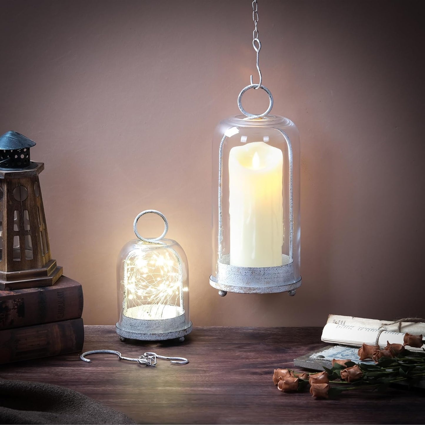 5" & 4" Wide Versatile Metal Candle Holder with Handmade Sturdy Glass Dome in Brass for Pillar Candle & Plants, 5.1" xH11.8 4" xH7.5, Industrial, Farmhouse, Shabby Chic. (2, Brass, Large & Small)