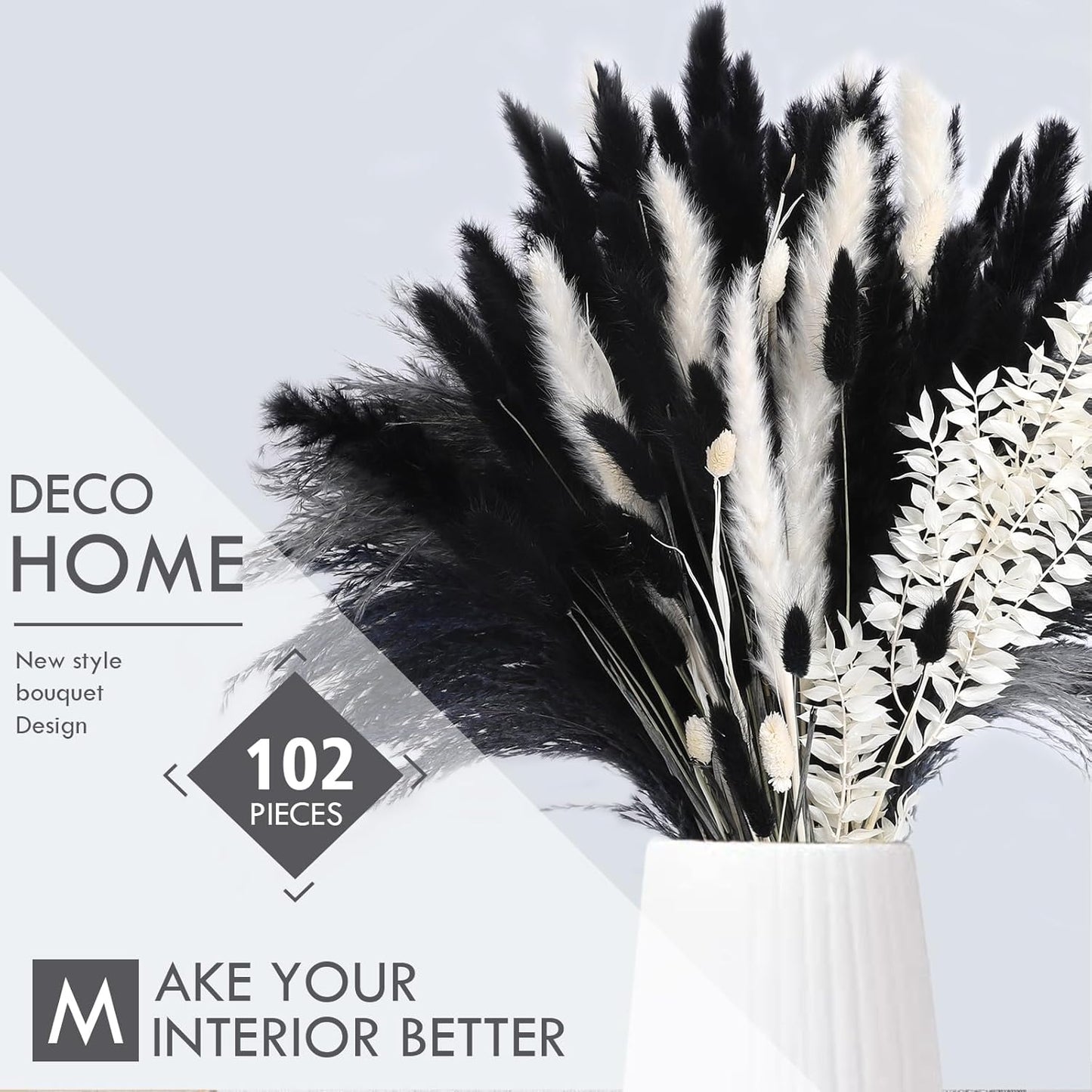 N&T NETING Dried Pampas Grass Decor- White Pampas Grass, Brown Pampas, Bunny Tail, Reed, Fluffy Dried Pompas Grass Flower for Home Wedding Table Vase Boho Modern Decor, 75Pcs