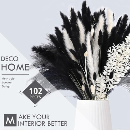 N&T NETING Dried Pampas Grass Decor- White Pampas Grass, Brown Pampas, Bunny Tail, Reed, Fluffy Dried Pompas Grass Flower for Home Wedding Table Vase Boho Modern Decor, 75Pcs